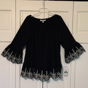 Fever Black & White Embroidery Eyelet Top NWT Sz L